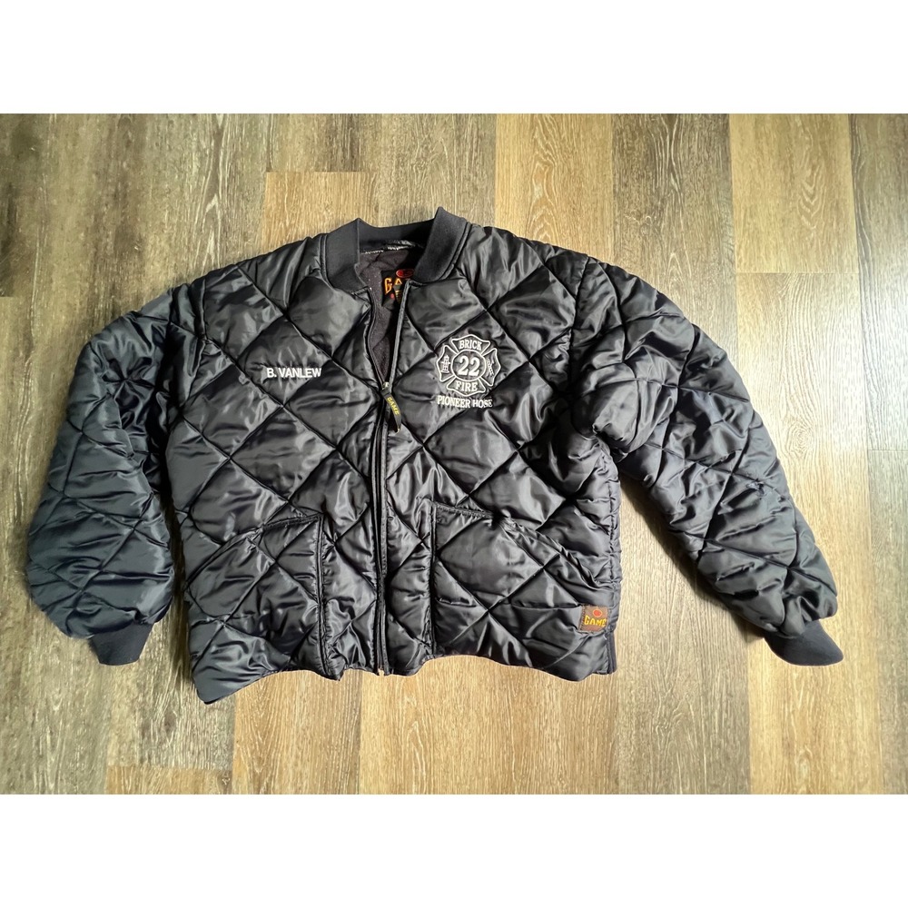Game Quilted Bomber Jacket Mens XL Black‎ Fire Dept Brick 22 Pioneer Hose 1221J